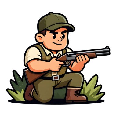Tüfekli iri yarı bir avcı. Avcı kıyafetleri giymişti. Çizgi film maskotu, illüstrasyon, temiz çizgiler, düz tasarım, modern, yüksek kalite.