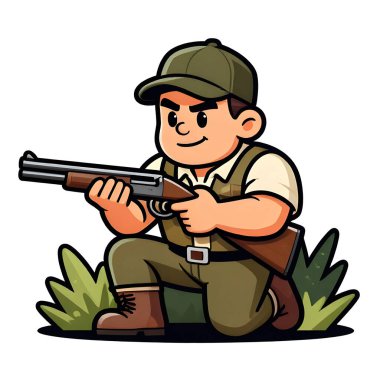 Tüfekli iri yarı bir avcı. Avcı kıyafetleri giymişti. Çizgi film maskotu, illüstrasyon, temiz çizgiler, düz tasarım, modern, yüksek kalite.