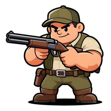 Tüfekli iri yarı bir avcı. Avcı kıyafetleri giymişti. Çizgi film maskotu, illüstrasyon, temiz çizgiler, düz tasarım, modern, yüksek kalite.