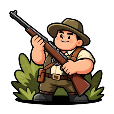 Tüfekli iri yarı bir avcı. Avcı kıyafetleri giymişti. Çizgi film maskotu, illüstrasyon, temiz çizgiler, düz tasarım, modern, yüksek kalite.
