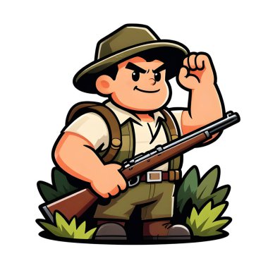 Tüfekli iri yarı bir avcı. Avcı kıyafetleri giymişti. Çizgi film maskotu, illüstrasyon, temiz çizgiler, düz tasarım, modern, yüksek kalite.