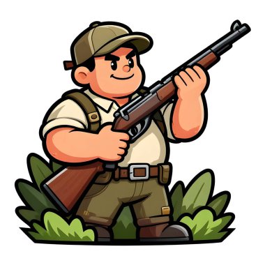 Tüfekli iri yarı bir avcı. Avcı kıyafetleri giymişti. Çizgi film maskotu, illüstrasyon, temiz çizgiler, düz tasarım, modern, yüksek kalite.