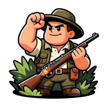 Tüfekli iri yarı bir avcı. Avcı kıyafetleri giymişti. Çizgi film maskotu, illüstrasyon, temiz çizgiler, düz tasarım, modern, yüksek kalite.