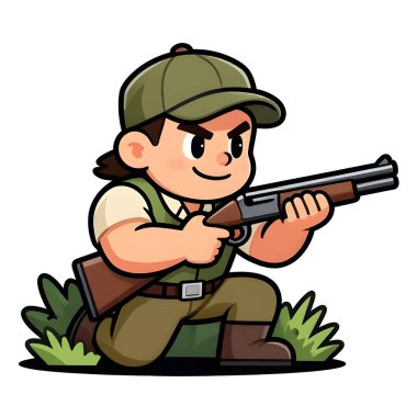 Tüfekli iri yarı bir avcı. Avcı kıyafetleri giymişti. Çizgi film maskotu, illüstrasyon, temiz çizgiler, düz tasarım, modern, yüksek kalite.