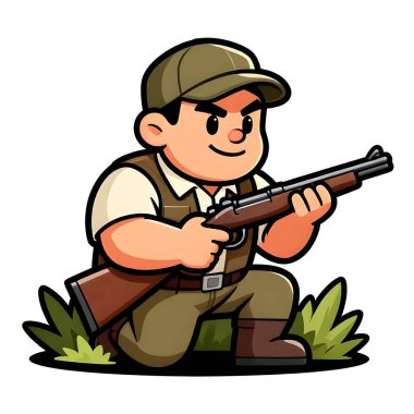Tüfekli iri yarı bir avcı. Avcı kıyafetleri giymişti. Çizgi film maskotu, illüstrasyon, temiz çizgiler, düz tasarım, modern, yüksek kalite.