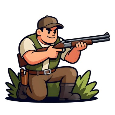 Tüfekli iri yarı bir avcı. Avcı kıyafetleri giymişti. Çizgi film maskotu, illüstrasyon, temiz çizgiler, düz tasarım, modern, yüksek kalite.