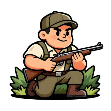 Tüfekli iri yarı bir avcı. Avcı kıyafetleri giymişti. Çizgi film maskotu, illüstrasyon, temiz çizgiler, düz tasarım, modern, yüksek kalite.