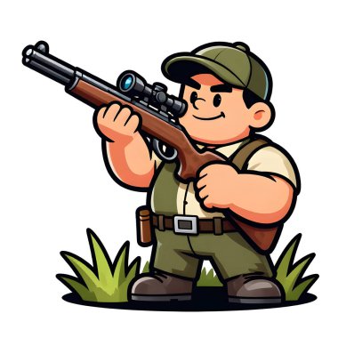 Tüfekli iri yarı bir avcı. Avcı kıyafetleri giymişti. Çizgi film maskotu, illüstrasyon, temiz çizgiler, düz tasarım, modern, yüksek kalite.
