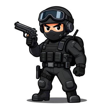 Tam teçhizatlı, savaş silahı olan güçlü bir özel kuvvet askeri. Çizgi film maskotu, illüstrasyon, temiz çizgiler, düz tasarım, modern, yüksek kalite resim.