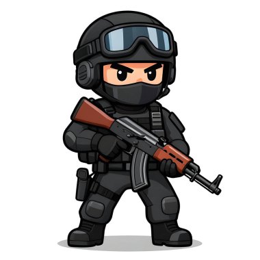 Tam teçhizatlı, savaş silahı olan güçlü bir özel kuvvet askeri. Çizgi film maskotu, illüstrasyon, temiz çizgiler, düz tasarım, modern, yüksek kalite resim.