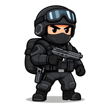 Tam teçhizatlı, savaş silahı olan güçlü bir özel kuvvet askeri. Çizgi film maskotu, illüstrasyon, temiz çizgiler, düz tasarım, modern, yüksek kalite resim.