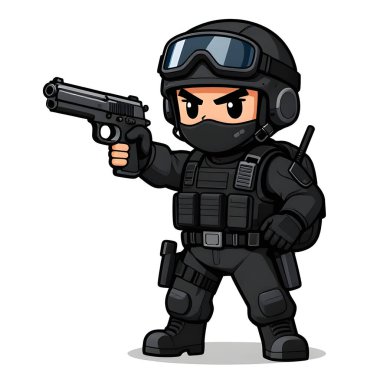 Tam teçhizatlı, savaş silahı olan güçlü bir özel kuvvet askeri. Çizgi film maskotu, illüstrasyon, temiz çizgiler, düz tasarım, modern, yüksek kalite resim.