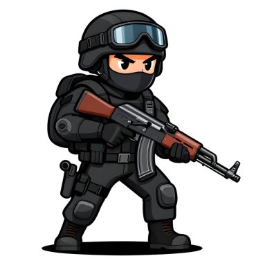 Tam teçhizatlı, savaş silahı olan güçlü bir özel kuvvet askeri. Çizgi film maskotu, illüstrasyon, temiz çizgiler, düz tasarım, modern, yüksek kalite resim.