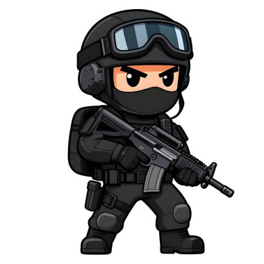 Tam teçhizatlı, savaş silahı olan güçlü bir özel kuvvet askeri. Çizgi film maskotu, illüstrasyon, temiz çizgiler, düz tasarım, modern, yüksek kalite resim.