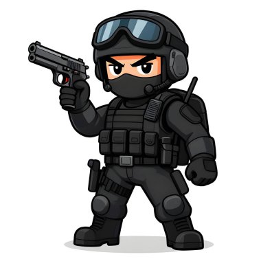 Tam teçhizatlı, savaş silahı olan güçlü bir özel kuvvet askeri. Çizgi film maskotu, illüstrasyon, temiz çizgiler, düz tasarım, modern, yüksek kalite resim.