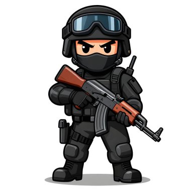 Tam teçhizatlı, savaş silahı olan güçlü bir özel kuvvet askeri. Çizgi film maskotu, illüstrasyon, temiz çizgiler, düz tasarım, modern, yüksek kalite resim.