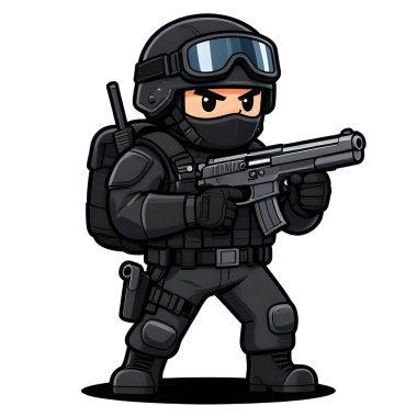 Tam teçhizatlı, savaş silahı olan güçlü bir özel kuvvet askeri. Çizgi film maskotu, illüstrasyon, temiz çizgiler, düz tasarım, modern, yüksek kalite resim.