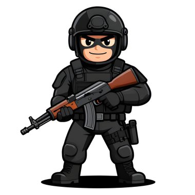 Tam teçhizatlı, savaş silahı olan güçlü bir özel kuvvet askeri. Çizgi film maskotu, illüstrasyon, temiz çizgiler, düz tasarım, modern, yüksek kalite resim.