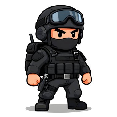 Tam teçhizatlı, savaş silahı olan güçlü bir özel kuvvet askeri. Çizgi film maskotu, illüstrasyon, temiz çizgiler, düz tasarım, modern, yüksek kalite resim.