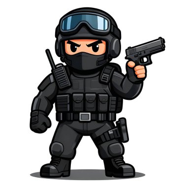 Tam teçhizatlı, savaş silahı olan güçlü bir özel kuvvet askeri. Çizgi film maskotu, illüstrasyon, temiz çizgiler, düz tasarım, modern, yüksek kalite resim.