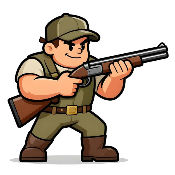 Tüfekli iri yarı bir avcı. Avcı kıyafetleri giymişti. Çizgi film maskotu, illüstrasyon, temiz çizgiler, düz tasarım, modern, yüksek kalite.