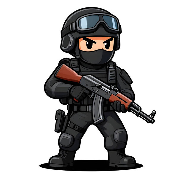 A sturdy special forces soldier with a combat weapon, fully equipped in special combat gear. Cartoon mascot, illustration, clean lines, flat design, modern, high quality picture.