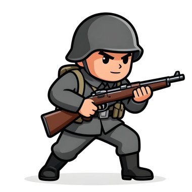 Tam teçhizatlı, savaş silahı olan güçlü bir özel kuvvet askeri. Çizgi film maskotu, illüstrasyon, temiz çizgiler, düz tasarım, modern, yüksek kalite resim.