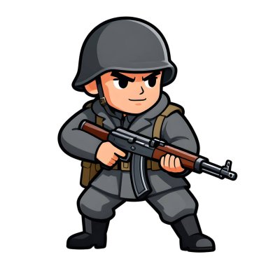 Tam teçhizatlı, savaş silahı olan güçlü bir özel kuvvet askeri. Çizgi film maskotu, illüstrasyon, temiz çizgiler, düz tasarım, modern, yüksek kalite resim.