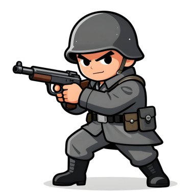 Tam teçhizatlı, savaş silahı olan güçlü bir özel kuvvet askeri. Çizgi film maskotu, illüstrasyon, temiz çizgiler, düz tasarım, modern, yüksek kalite resim.