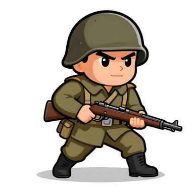 Tam teçhizatlı, savaş silahı olan güçlü bir özel kuvvet askeri. Çizgi film maskotu, illüstrasyon, temiz çizgiler, düz tasarım, modern, yüksek kalite resim.