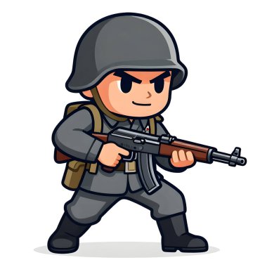 Tam teçhizatlı, savaş silahı olan güçlü bir özel kuvvet askeri. Çizgi film maskotu, illüstrasyon, temiz çizgiler, düz tasarım, modern, yüksek kalite resim.