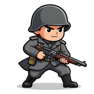 Tam teçhizatlı, savaş silahı olan güçlü bir özel kuvvet askeri. Çizgi film maskotu, illüstrasyon, temiz çizgiler, düz tasarım, modern, yüksek kalite resim.