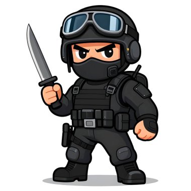 Tam teçhizatlı, savaş silahı olan güçlü bir özel kuvvet askeri. Çizgi film maskotu, illüstrasyon, temiz çizgiler, düz tasarım, modern, yüksek kalite resim.
