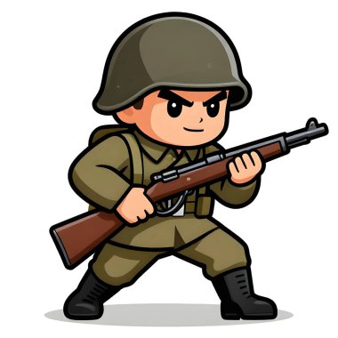 Tam teçhizatlı, savaş silahı olan güçlü bir özel kuvvet askeri. Çizgi film maskotu, illüstrasyon, temiz çizgiler, düz tasarım, modern, yüksek kalite resim.