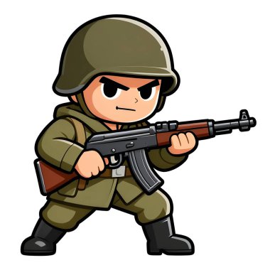 Tam teçhizatlı, savaş silahı olan güçlü bir özel kuvvet askeri. Çizgi film maskotu, illüstrasyon, temiz çizgiler, düz tasarım, modern, yüksek kalite resim.