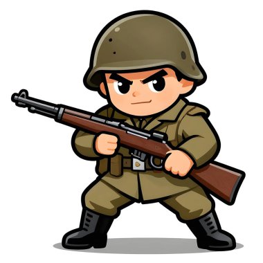 Tam teçhizatlı, savaş silahı olan güçlü bir özel kuvvet askeri. Çizgi film maskotu, illüstrasyon, temiz çizgiler, düz tasarım, modern, yüksek kalite resim.