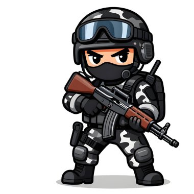 Tam teçhizatlı, savaş silahı olan güçlü bir özel kuvvet askeri. Çizgi film maskotu, illüstrasyon, temiz çizgiler, düz tasarım, modern, yüksek kalite resim.