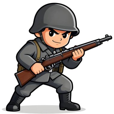 Tam teçhizatlı, savaş silahı olan güçlü bir özel kuvvet askeri. Çizgi film maskotu, illüstrasyon, temiz çizgiler, düz tasarım, modern, yüksek kalite resim.