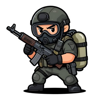 Tam teçhizatlı, savaş silahı olan güçlü bir özel kuvvet askeri. Çizgi film maskotu, illüstrasyon, temiz çizgiler, düz tasarım, modern, yüksek kalite resim.