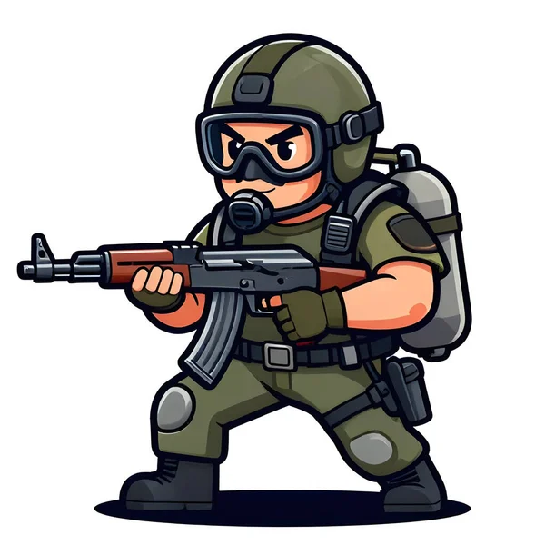 Tam teçhizatlı, savaş silahı olan güçlü bir özel kuvvet askeri. Çizgi film maskotu, illüstrasyon, temiz çizgiler, düz tasarım, modern, yüksek kalite resim.