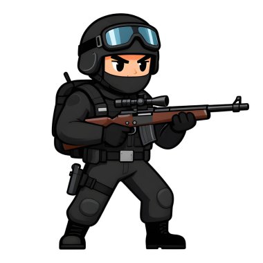 Tam teçhizatlı, savaş silahı olan güçlü bir özel kuvvet askeri. Çizgi film maskotu, illüstrasyon, temiz çizgiler, düz tasarım, modern, yüksek kalite resim.