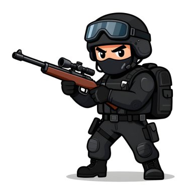 Tam teçhizatlı, savaş silahı olan güçlü bir özel kuvvet askeri. Çizgi film maskotu, illüstrasyon, temiz çizgiler, düz tasarım, modern, yüksek kalite resim.