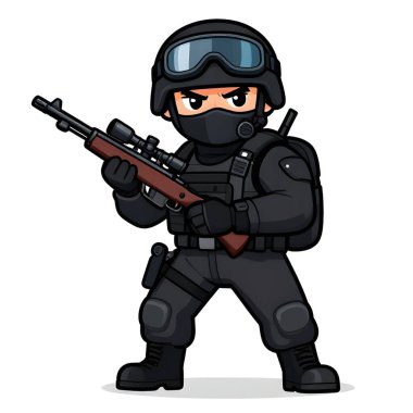 Tam teçhizatlı, savaş silahı olan güçlü bir özel kuvvet askeri. Çizgi film maskotu, illüstrasyon, temiz çizgiler, düz tasarım, modern, yüksek kalite resim.