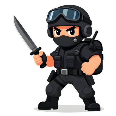 Tam teçhizatlı, savaş silahı olan güçlü bir özel kuvvet askeri. Çizgi film maskotu, illüstrasyon, temiz çizgiler, düz tasarım, modern, yüksek kalite resim.