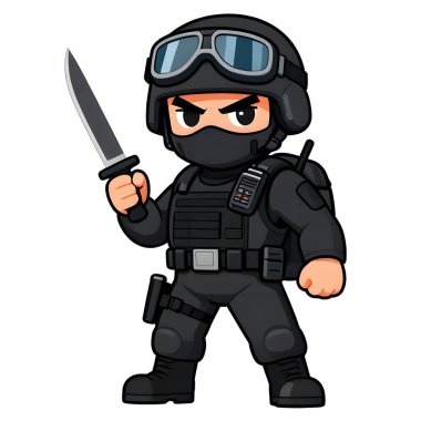 Tam teçhizatlı, savaş silahı olan güçlü bir özel kuvvet askeri. Çizgi film maskotu, illüstrasyon, temiz çizgiler, düz tasarım, modern, yüksek kalite resim.