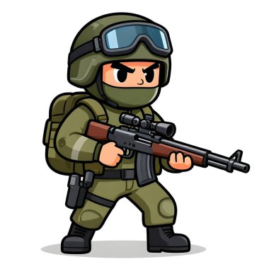 Tam teçhizatlı, savaş silahı olan güçlü bir özel kuvvet askeri. Çizgi film maskotu, illüstrasyon, temiz çizgiler, düz tasarım, modern, yüksek kalite resim.