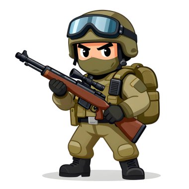 Tam teçhizatlı, savaş silahı olan güçlü bir özel kuvvet askeri. Çizgi film maskotu, illüstrasyon, temiz çizgiler, düz tasarım, modern, yüksek kalite resim.