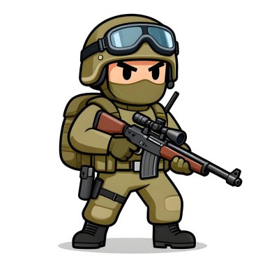 Tam teçhizatlı, savaş silahı olan güçlü bir özel kuvvet askeri. Çizgi film maskotu, illüstrasyon, temiz çizgiler, düz tasarım, modern, yüksek kalite resim.