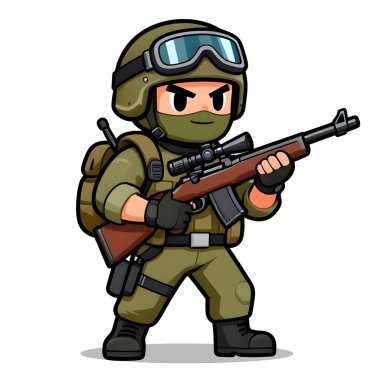 Tam teçhizatlı, savaş silahı olan güçlü bir özel kuvvet askeri. Çizgi film maskotu, illüstrasyon, temiz çizgiler, düz tasarım, modern, yüksek kalite resim.