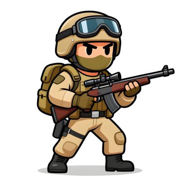 Tam teçhizatlı, savaş silahı olan güçlü bir özel kuvvet askeri. Çizgi film maskotu, illüstrasyon, temiz çizgiler, düz tasarım, modern, yüksek kalite resim.